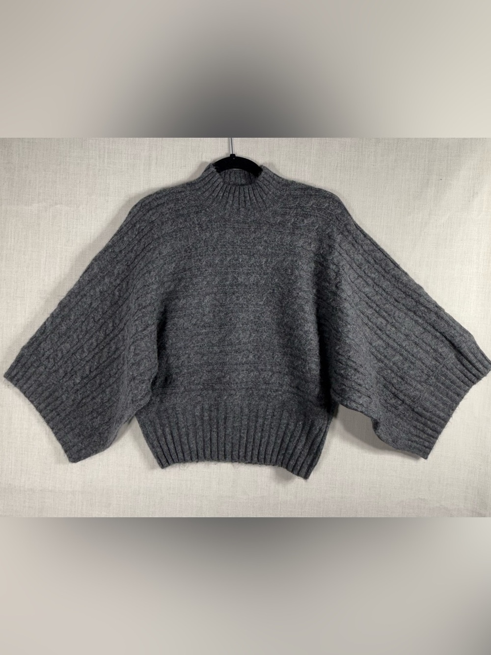 Charcoal Gray Cable-Knit Turtleneck Sweater Poncho wide sleeves